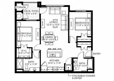 Floor plan for 2 beds, 2 baths, 1076 sqft